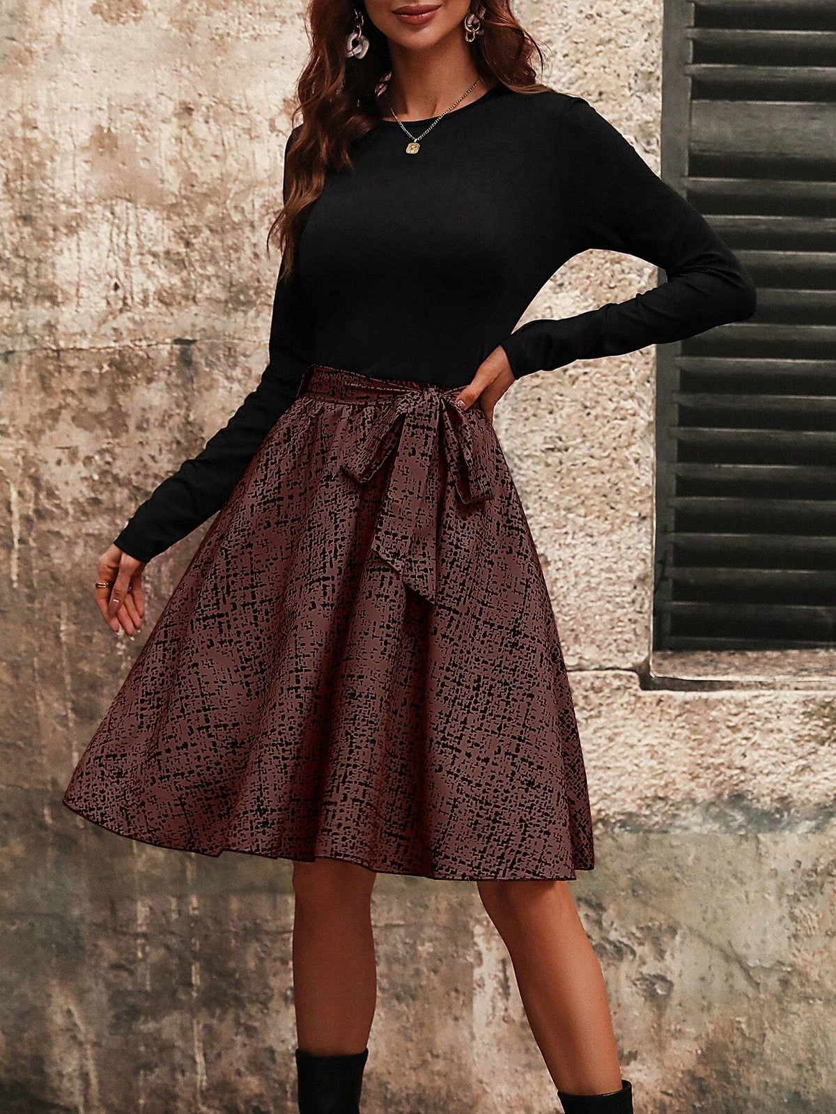 Crew Neck Colorblock Belt Decor Elegant Long Sleeve Dress