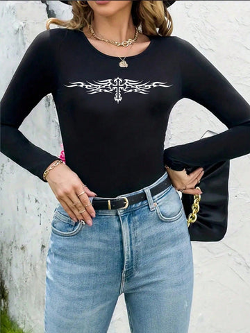 Cross Pattern Round Neck Long Sleeve Bodysuit, Casual