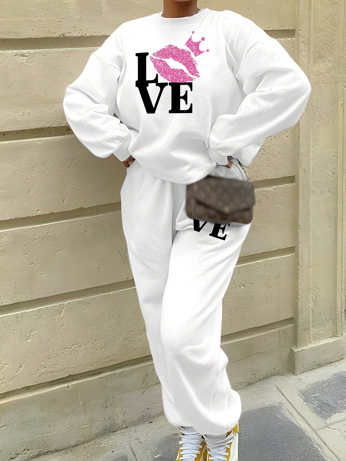Crown & English Letters Print Casual Women'S Long Sleeve Hooded Sweatshirt And Pants Set, Perfect For Valentine'S Day