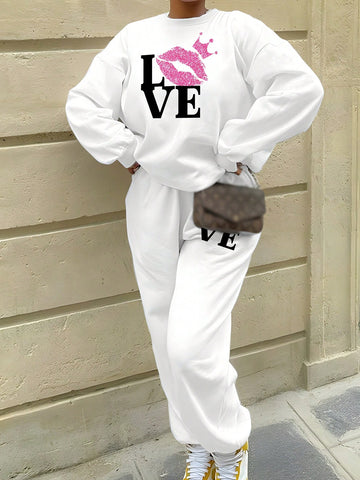 Crown & English Letters Print Casual Women'S Long Sleeve Hooded Sweatshirt And Pants Set, Perfect For Valentine'S Day