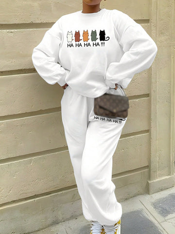 Cute 2d Cartoon Animal Printing Hoodie And Sweatpants Set For Women, Casual And Comfortable