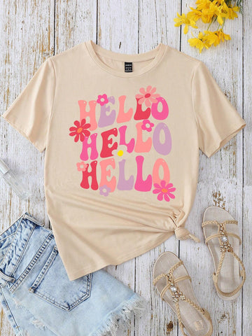 LUNE Cute "HELLO" Pattern Printed Short Sleeve Peach T-Shirt For Women, Summer HELLO HELLO HELLO