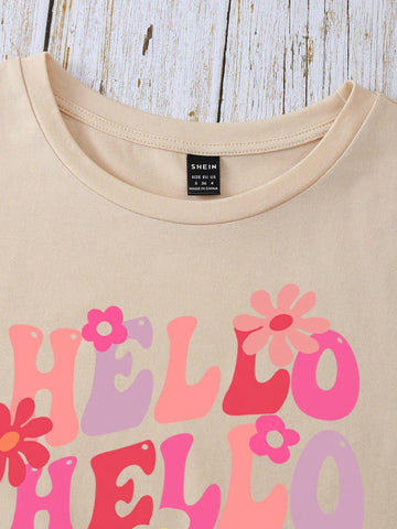 LUNE Cute "HELLO" Pattern Printed Short Sleeve Peach T-Shirt For Women, Summer HELLO HELLO HELLO