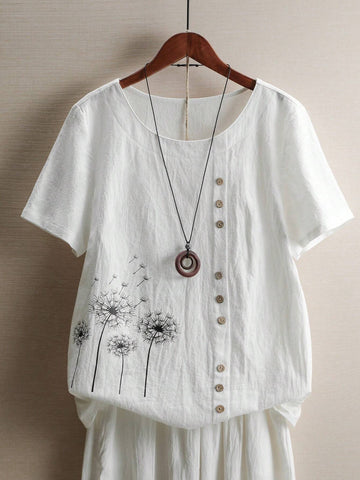 LUNE Dandelion Printed Women's Round Neck Short Sleeve Shirt