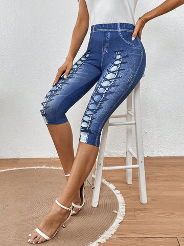 Denim-Effect Print Capri Leggings