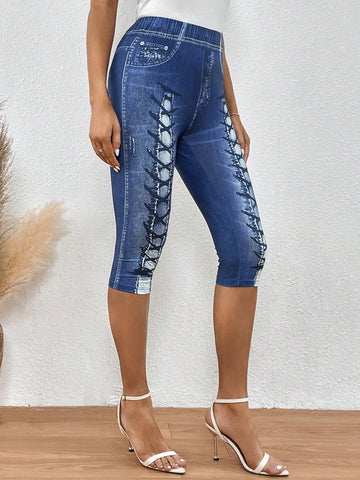Denim-Effect Print Capri Leggings