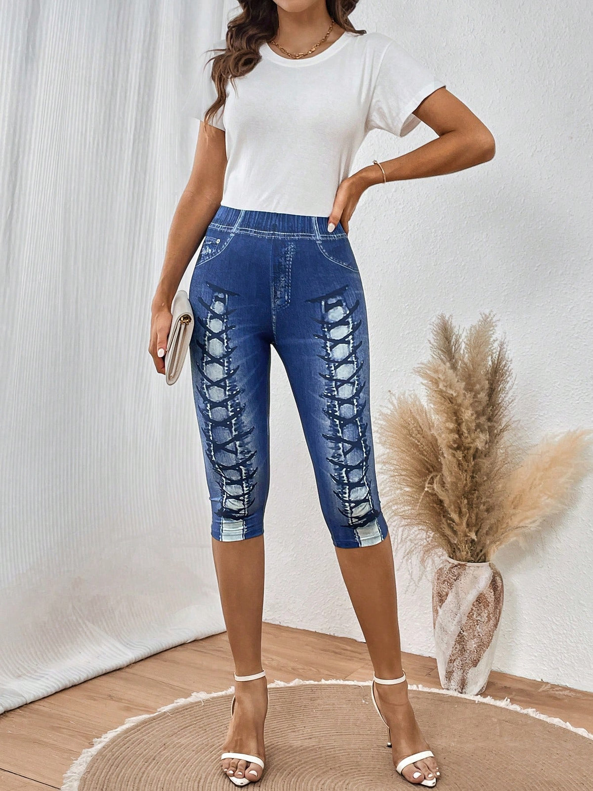 Denim-Effect Print Capri Leggings