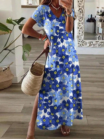 Digital Printed Women's V-Neck Slit Short Sleeve Dress