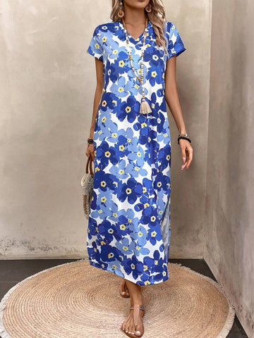 Digital Printed Women's V-Neck Slit Short Sleeve Dress