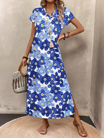 Digital Printed Women's V-Neck Slit Short Sleeve Dress