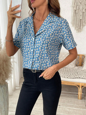 LUNE Ditsy Floral Button Front Short Sleeve Shirt