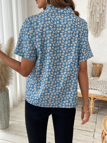 LUNE Ditsy Floral Button Front Short Sleeve Shirt