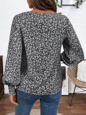 LUNE Ditsy Floral Shirred Shirred Cuff Blouse