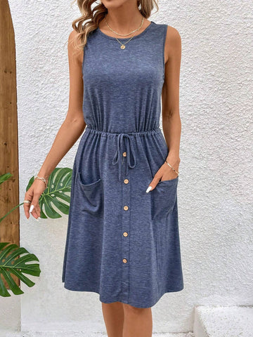 Drawstring Waist Button Detail Dual Pocket A-Line Dress