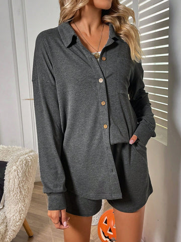 Drop Shoulder Pocket Patched Shirt & Shorts