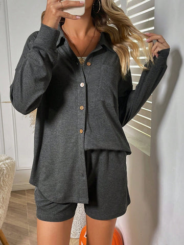 Drop Shoulder Pocket Patched Shirt & Shorts