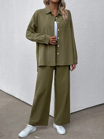 Drop Shoulder Shirt & Wide Leg Pants