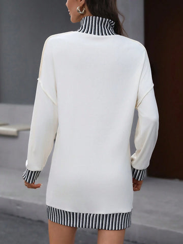 Elastic Colorblock Elegant Casual Dress For Women, Autumn/Winter