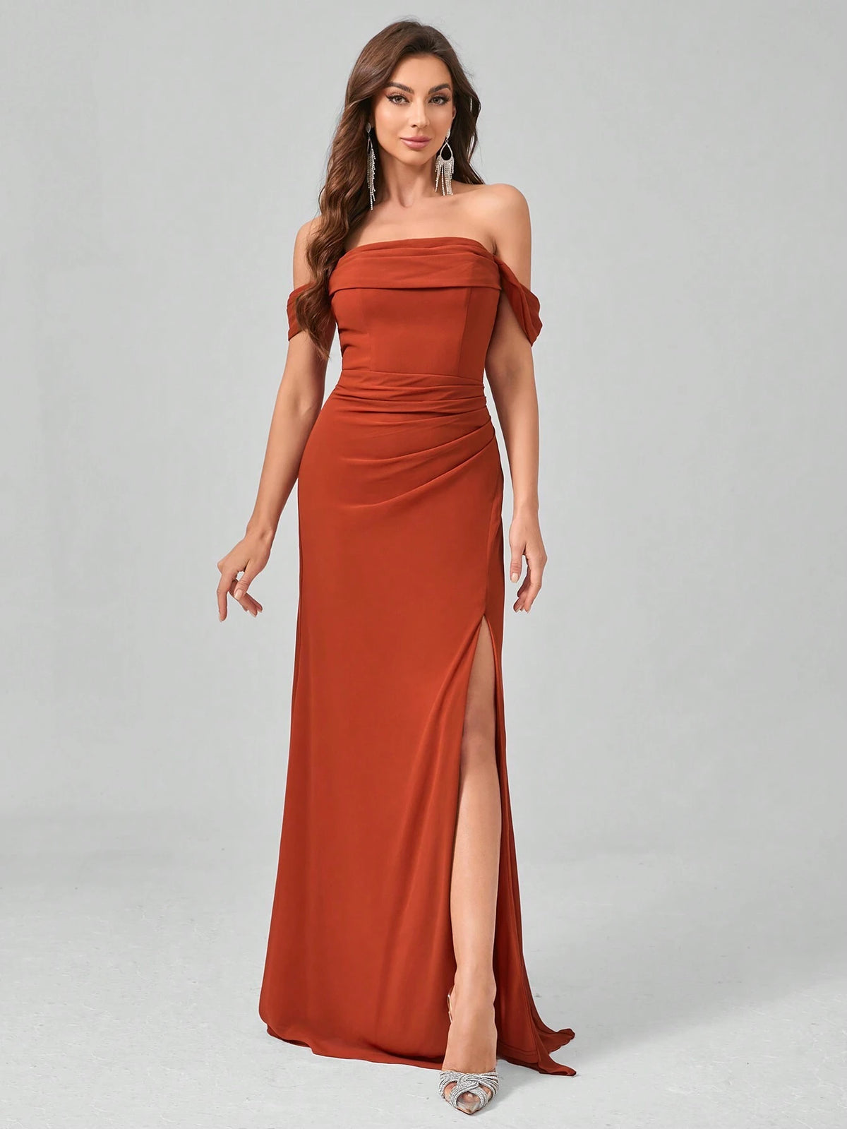Elegant Chiffon Long Dress With High Slit And Pleated Detail On Hips