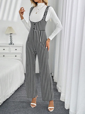 Elegant High Waist Houndstooth Print Jumpsuit For Women, Suitable For Commuting