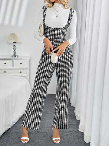 Elegant High Waist Houndstooth Print Jumpsuit For Women, Suitable For Commuting