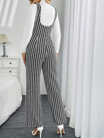 Elegant High Waist Houndstooth Print Jumpsuit For Women, Suitable For Commuting