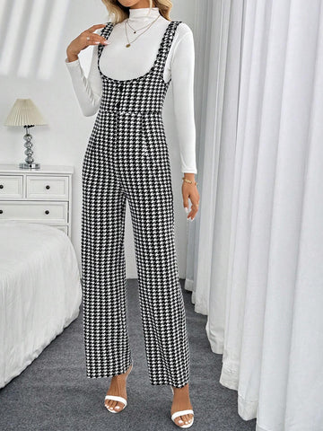 Elegant High Waist Houndstooth Print Jumpsuit For Women, Suitable For Commuting