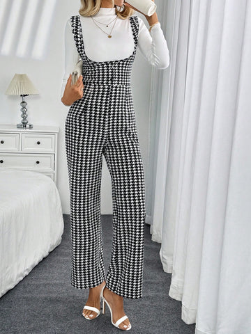 Elegant High Waist Houndstooth Print Jumpsuit For Women, Suitable For Commuting