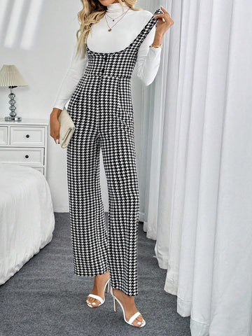 Elegant High Waist Houndstooth Print Jumpsuit For Women, Suitable For Commuting