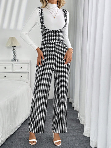 Elegant High Waist Houndstooth Print Jumpsuit For Women, Suitable For Commuting