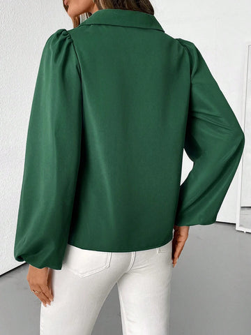 LUNE Elegant Puff Sleeve Collared Pearl Button Women Blouse,