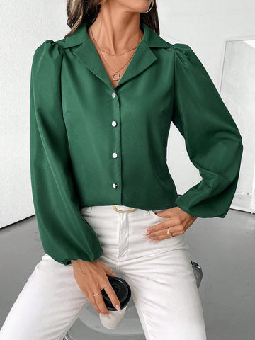 LUNE Elegant Puff Sleeve Collared Pearl Button Women Blouse,