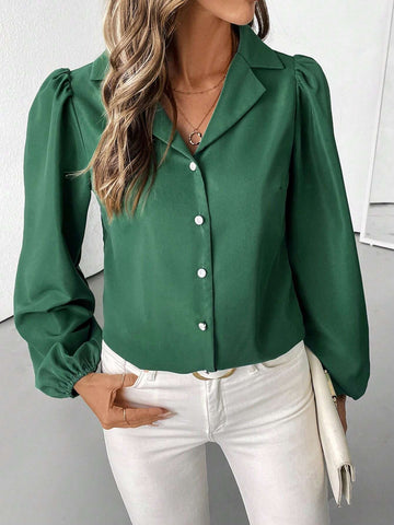 LUNE Elegant Puff Sleeve Collared Pearl Button Women Blouse,