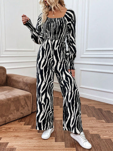 Elegant Vintage Style Women'S Zebra Print Long Sleeve Jumpsuit