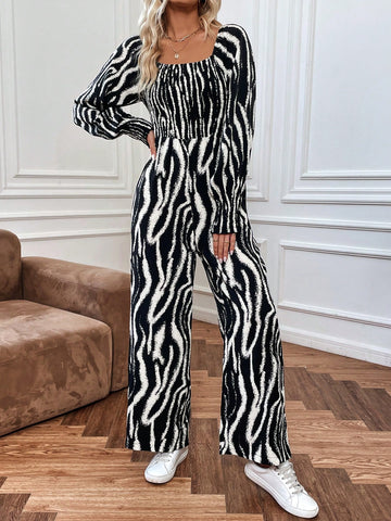Elegant Vintage Style Women'S Zebra Print Long Sleeve Jumpsuit