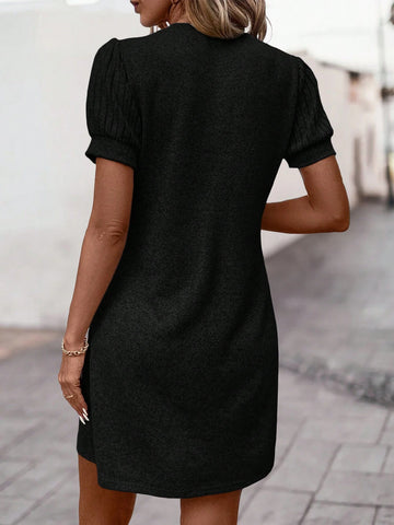 Elegant Women's Solid Color Puff Sleeve Dress, Summer