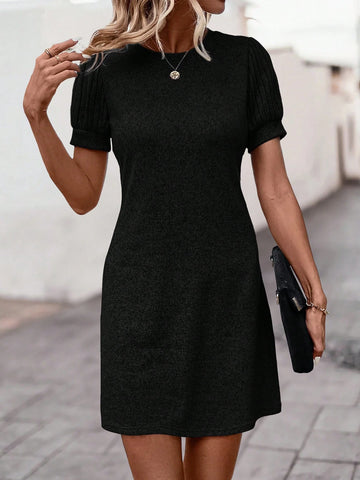 Elegant Women's Solid Color Puff Sleeve Dress, Summer