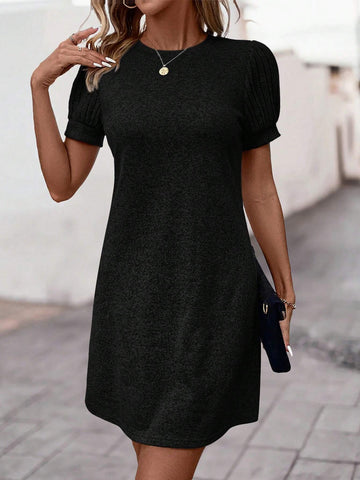 Elegant Women's Solid Color Puff Sleeve Dress, Summer