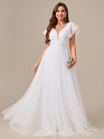Embroidered Flower Print Waist Mesh Sleeve Prom Dress Wedding Dress
