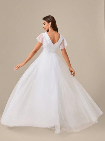 Embroidered Flower Print Waist Mesh Sleeve Prom Dress Wedding Dress