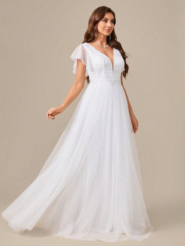 Embroidered Flower Print Waist Mesh Sleeve Prom Dress Wedding Dress