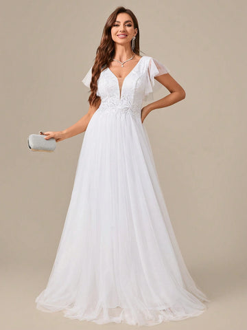 Embroidered Flower Print Waist Mesh Sleeve Prom Dress Wedding Dress