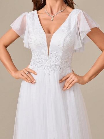 Embroidered Flower Print Waist Mesh Sleeve Prom Dress Wedding Dress