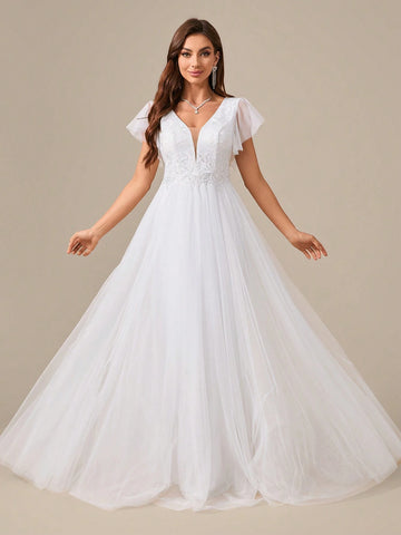 Embroidered Flower Print Waist Mesh Sleeve Prom Dress Wedding Dress