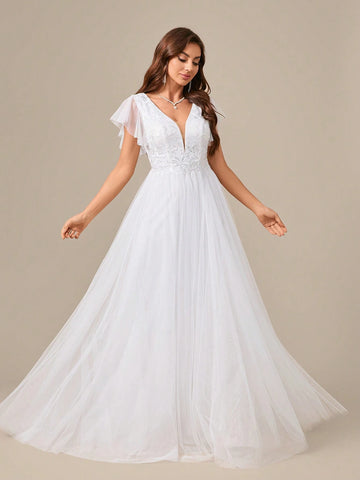 Embroidered Flower Print Waist Mesh Sleeve Prom Dress Wedding Dress