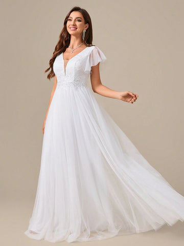 Embroidered Flower Print Waist Mesh Sleeve Prom Dress Wedding Dress