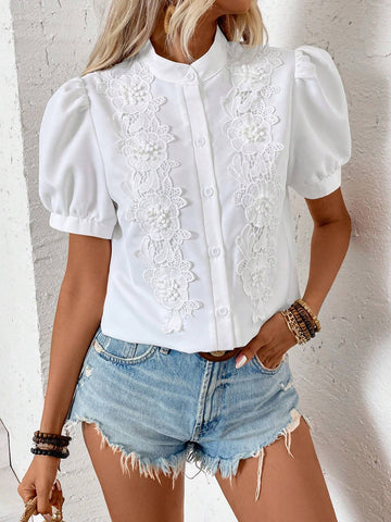 LUNE Embroidered Stand Collar Bubble Sleeve Shirt, Suitable For Summer