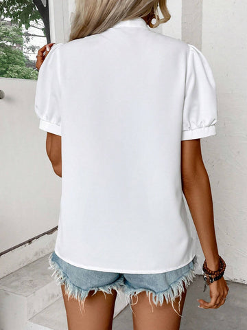 LUNE Embroidered Stand Collar Bubble Sleeve Shirt, Suitable For Summer