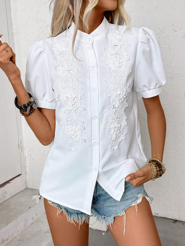 LUNE Embroidered Stand Collar Bubble Sleeve Shirt, Suitable For Summer