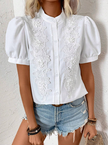 LUNE Embroidered Stand Collar Bubble Sleeve Shirt, Suitable For Summer